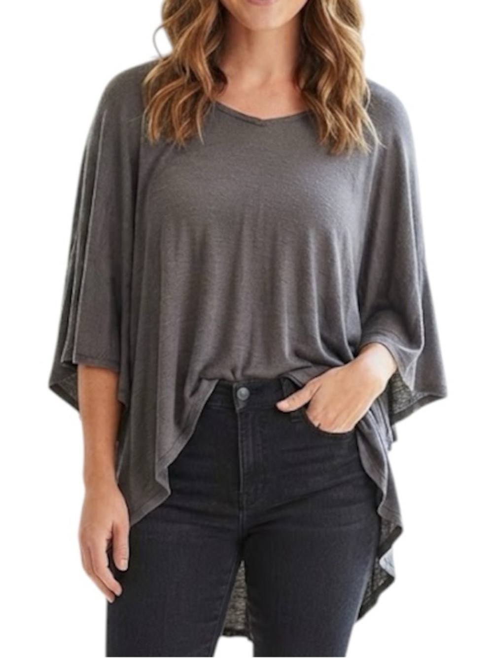 H BY HALSTON Flowy Asymmetric Cape Poncho Blouse Quiet Luxury M